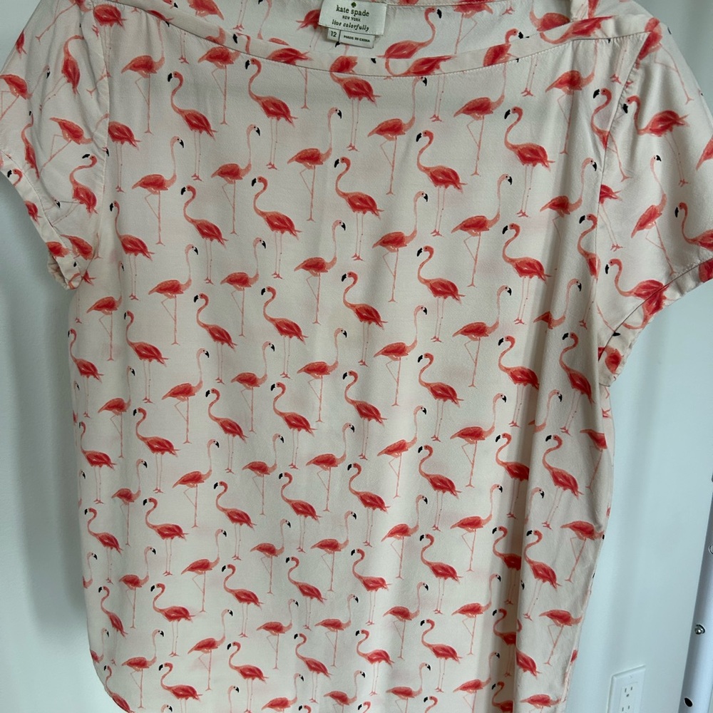 Kate Spade Flamingo Patterned Short Sleeve Top - Pink and White
